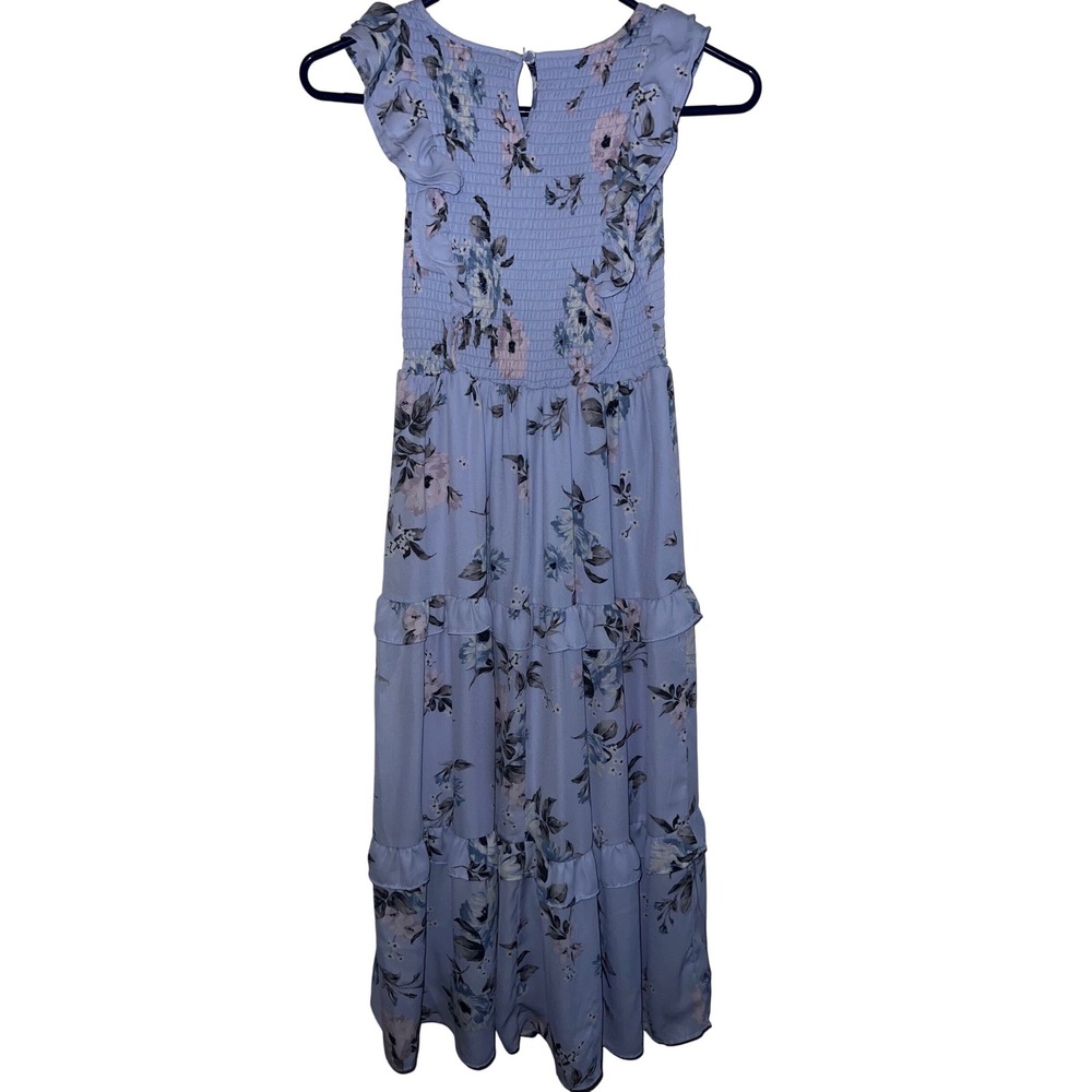 Rare Editions Girls Blue Floral Smocked Tiered Ruffle Maxi Dress Size 10 - Picture 2 of 6